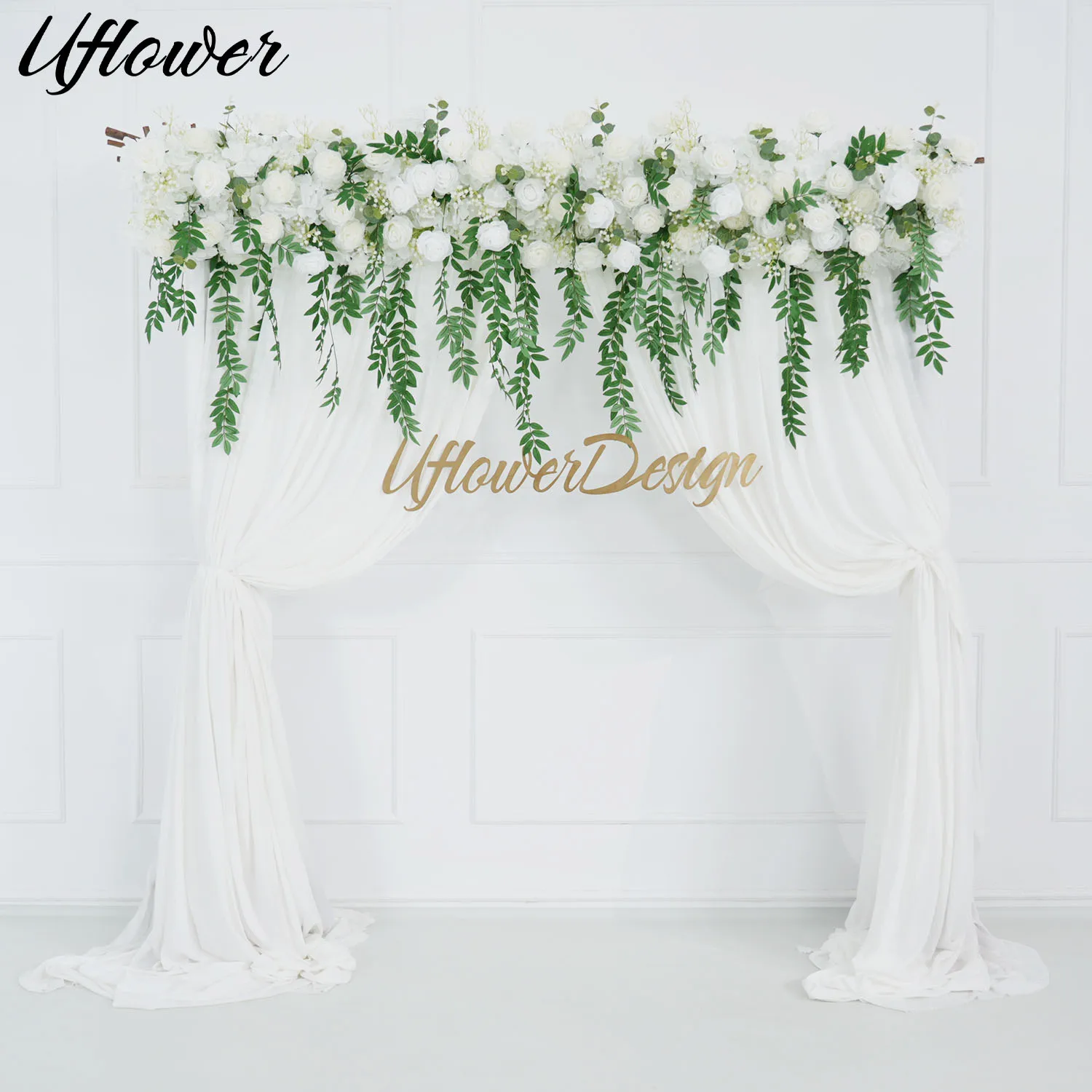 

Uflower 200cm White Wedding Backdrop Arrangement Gypsophila Rose Willow Leaf Flower Row Decor Arch Event Party Prop Floor Floral