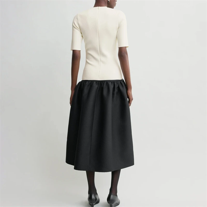 Summer New Women's round Neck Pure Cotton ColorBlock Short Sleeve Knitted Long Dress Casual High Quality Fashion Vacation Dress