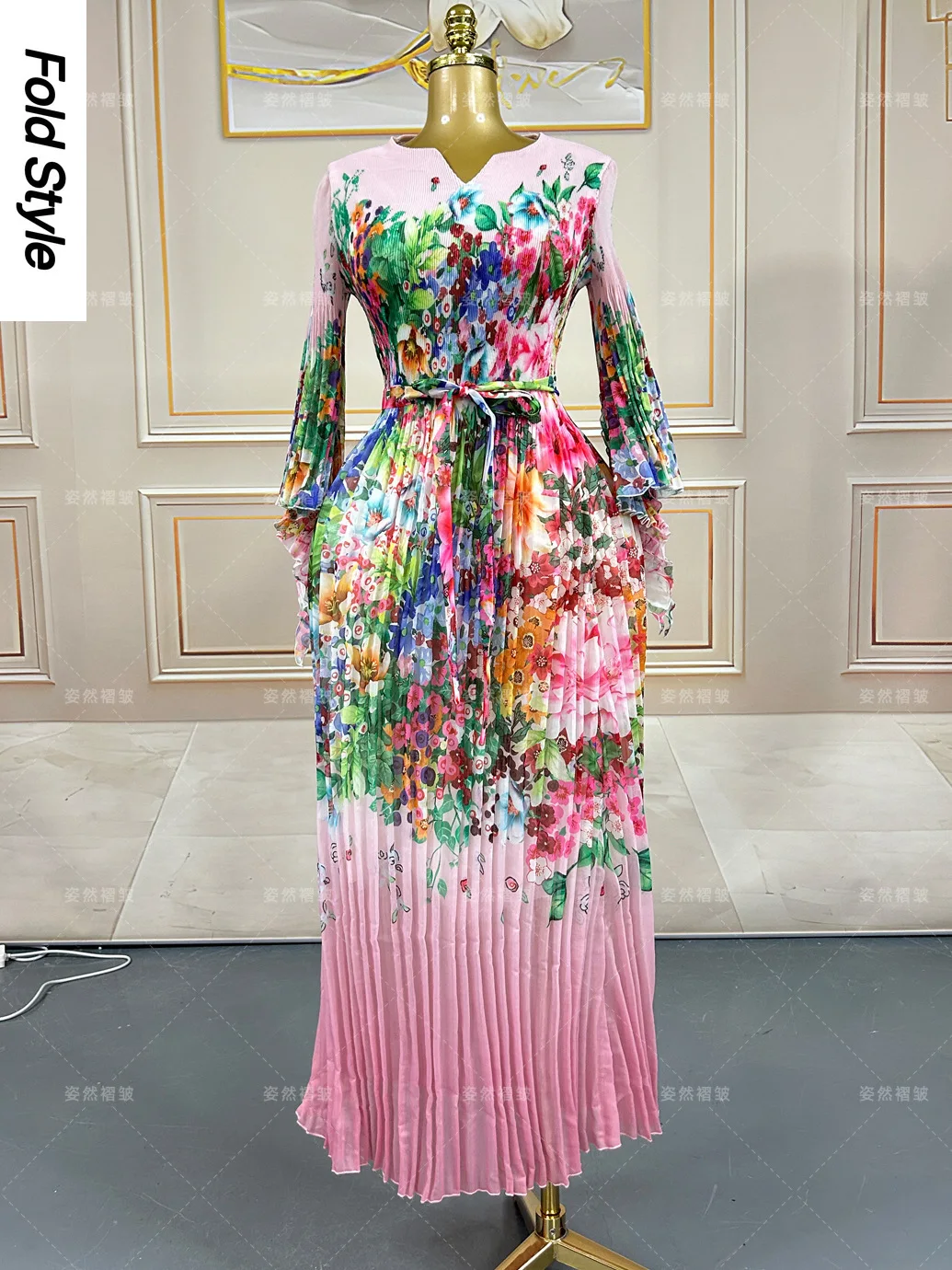 

Miyake Summer New Printed Fashion Women's Clothing Heavy Industry Pleated Floral Organza Dress Long Sleeve Skirt 2026