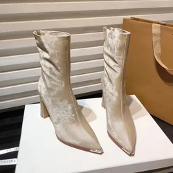 Mid Calf Shoes Woman Elegant Heeled Pointed Toe High Heels Half Boots Women Fur Cosplay Goth New Rock Waterproof Boot Y2k Chic