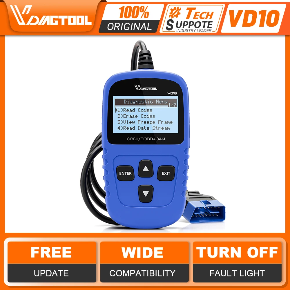 VDIAGTOOL VD10 OBD2 스캐너 자동차 스캐너 코드 리더 엔진 점검기 평생 무료 업데이트 진단 도구
