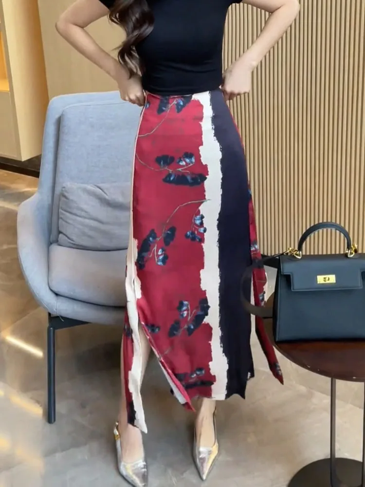 

Юбка Hong Kong Sle Retro Light Maturi с высокой талией, принтованная, струящаяся, длинная, для повседневной носки, корейская версия, большие размеры, женская