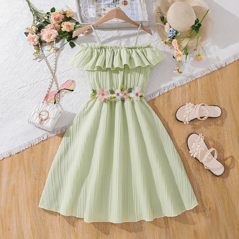 Girl's Summer Clothing Suspender Princess Dress with Sleeveless Adhesive Floral Belt Decoration