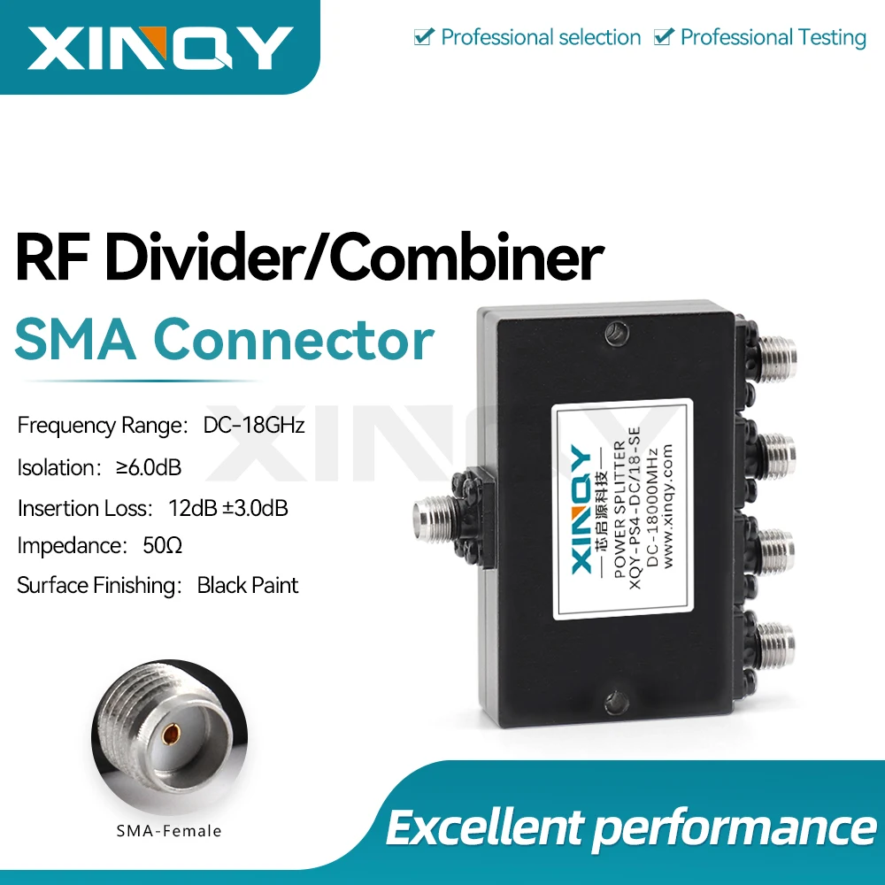 XINQY 1-to-4 Power Splitter 0-18GHz SMA Female, 4-Way Resistive Divider for Clock Lines and Low-Frequency Applications
