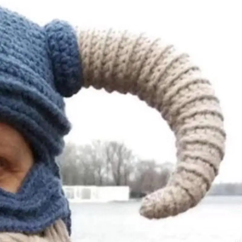 K1ME Long Beard Horns Knitted Hat Crocheted Headgear Hat Handmade for Winter Outdoor