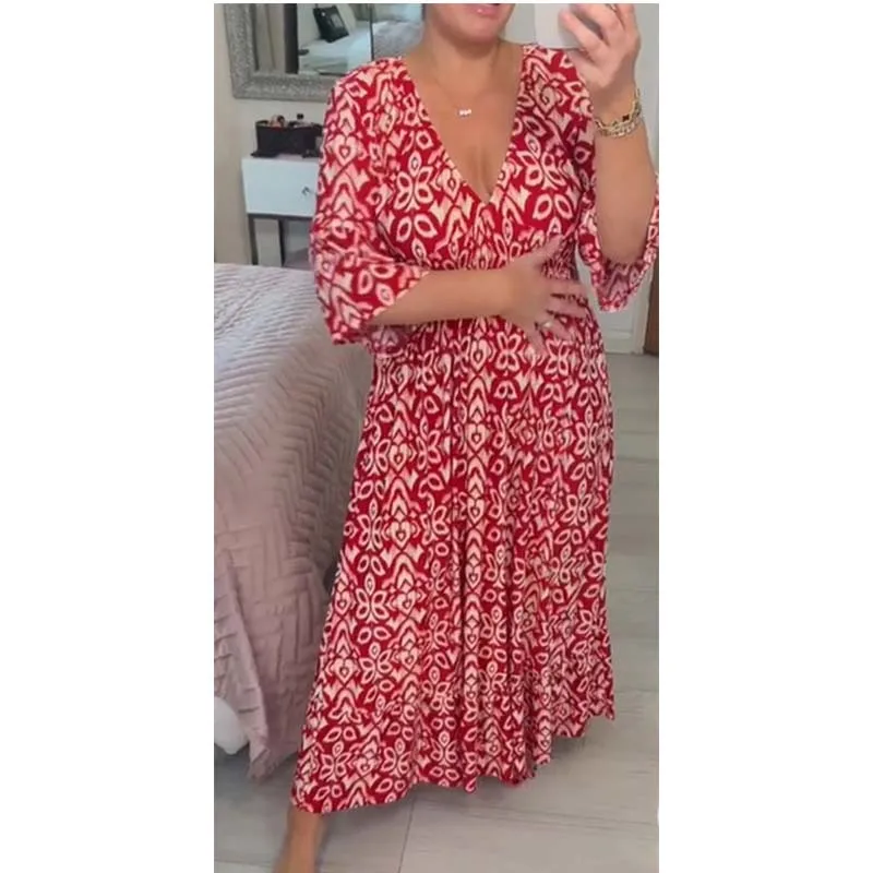 

Summer Women V-Neck Floral Beach Vacation Dress Loose Short Sleeve Long Dresses