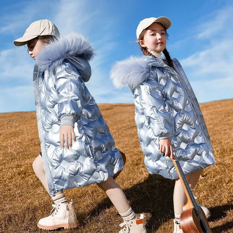 2023 Girls Parka Long Coats Winter Waterproof Fur Collar Hooded Jackets Big Kids Thick Warm Cotton Outerwear Teenage Snowsuit