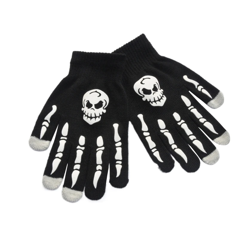 652F Gothic Knitted Gloves Warm Black Gloves Halloween Luminous Skull Gloves Skeleton Gloves for Halloween Supplies