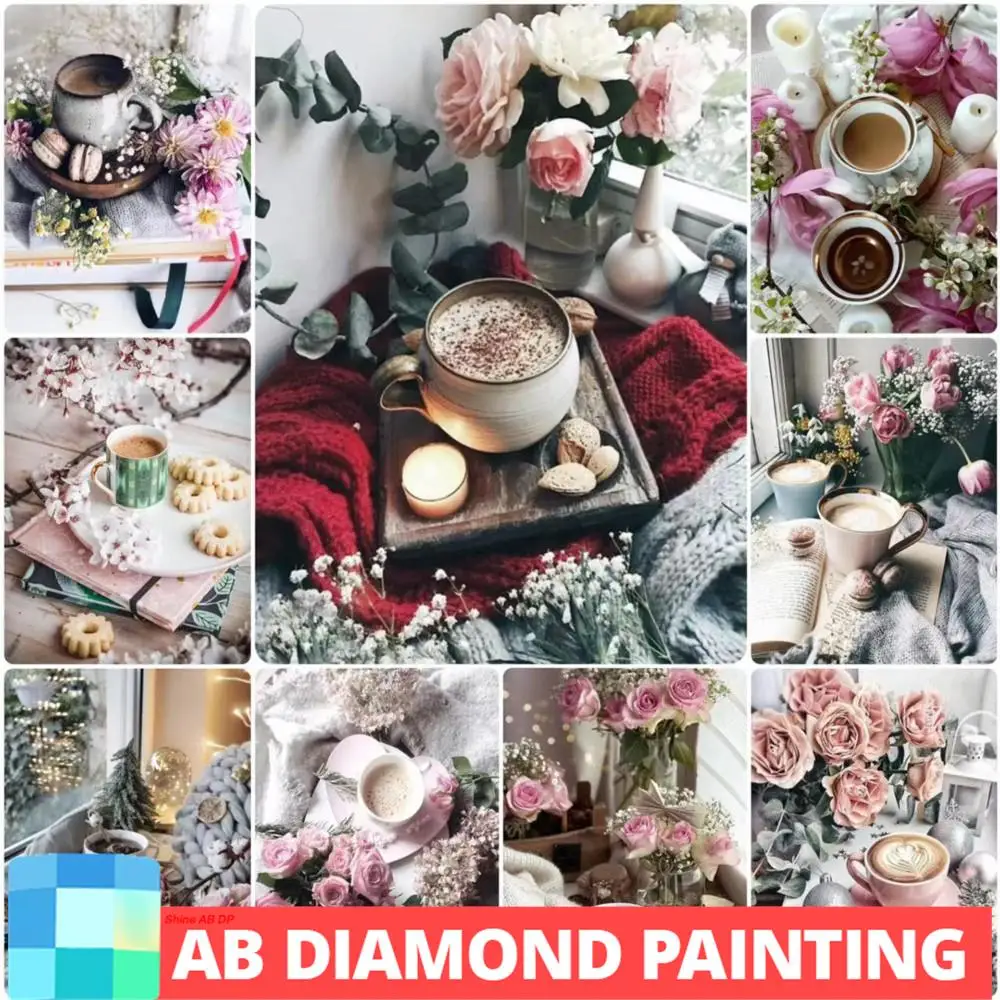 AB 오로라 장미 커피 컵, 그림 사이즈, 다이아몬드 페인팅 풍경 5D DIY 세트, 공예품 선물, 홈 데코