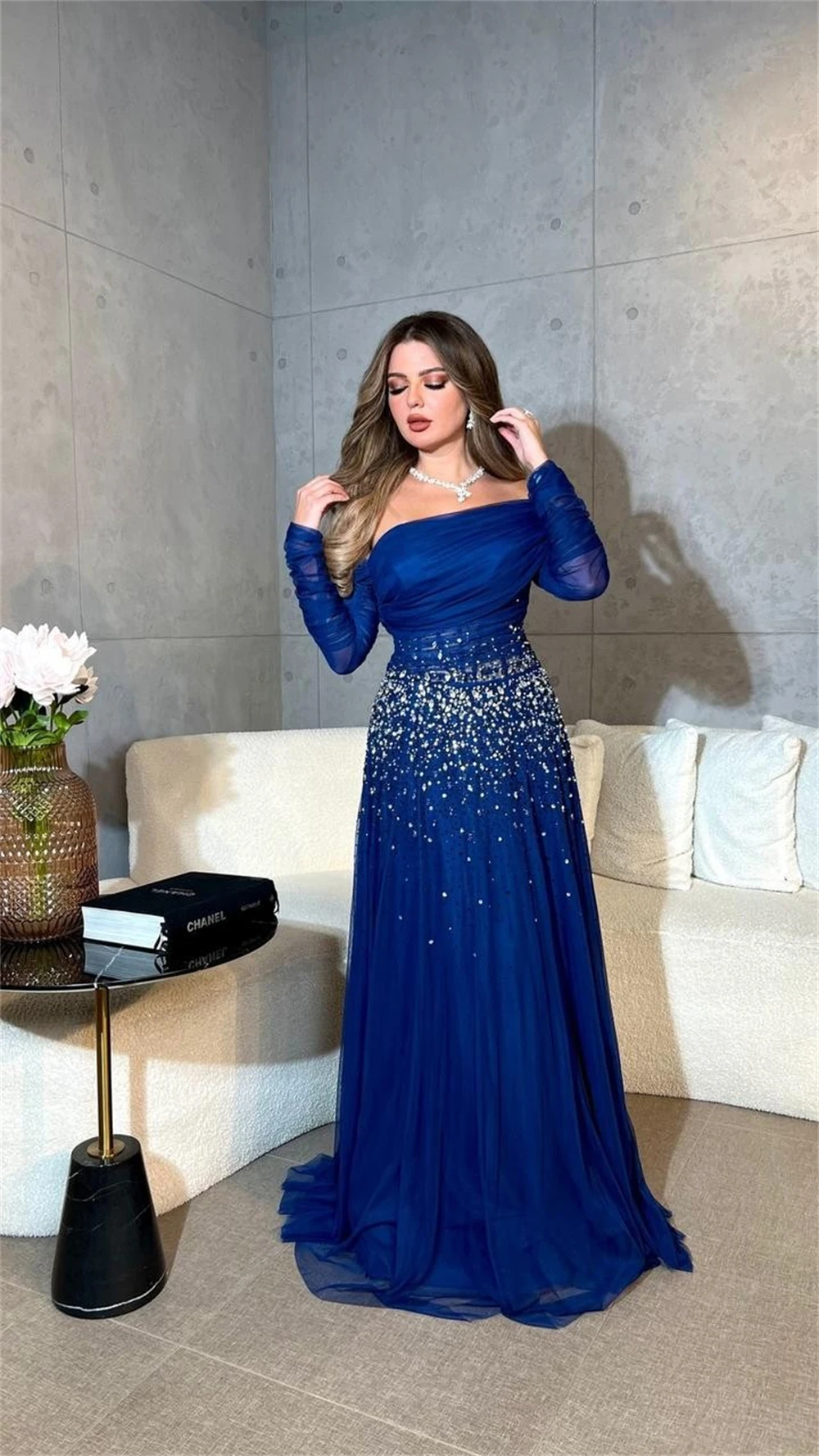 Vestido de fiesta imperio personalizado de alta calidad con lentejuelas y hombros descubiertos, largo hasta el suelo, vestidos de noche formales