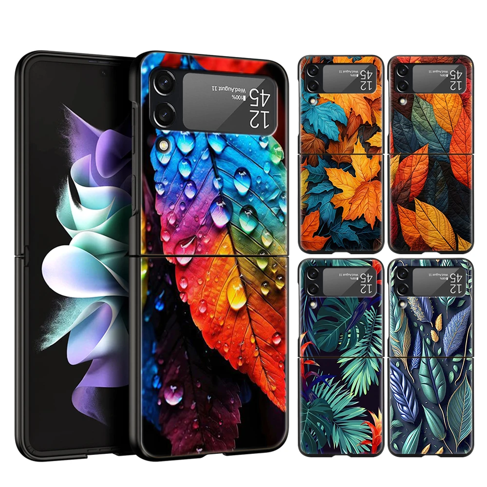 Colorful Leaves Hard PC Phone Case For Samsung Galaxy Z Flip 4 5 Black Cover For Galaxy Z Flip 3 Foldable Shockproof Case Capas