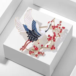 Retro Enamel Flower Crane Brooches Chinese Style Corsage Women Unisex Bird Animal Party Banquet Pins Clothing Suit Coat Jewelry