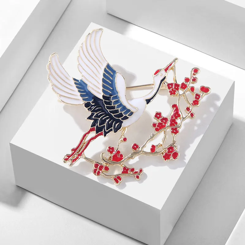 Retro Enamel Flower Crane Brooches Chinese Style Corsage Women Unisex Bird Animal Party Banquet Pins Clothing Suit Coat Jewelry