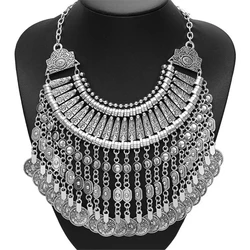 Indian Ethnic Vintage Coins Tassel Statement Necklace Women Jewelry Sets Boho Retro Metal Large Collar Choker Necklace Earrings