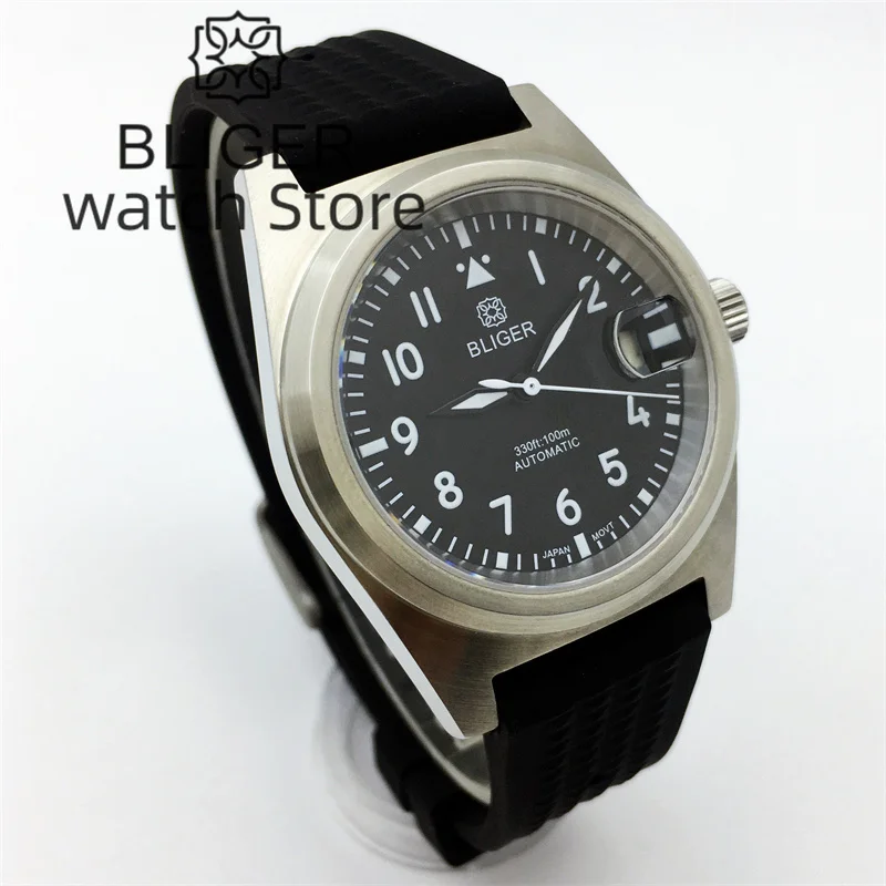 38mm BLIGER Brushed Case NH35A PT5000 Automatic Watch For Men Sapphire Glass Black White Blue Green Dial Luminous Rubber Strap