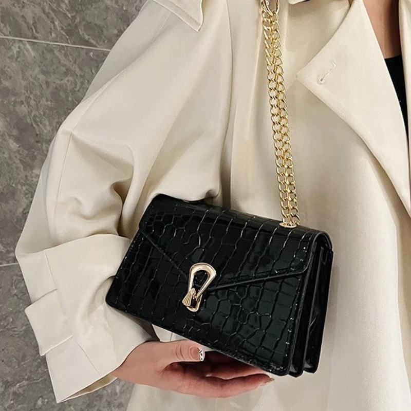 Crocodile Pattern Shoulder Bags For Women Fashion Chains Squre Bag Purse Female Pu Leather Crossbody Handbag Daily Phone Clutch