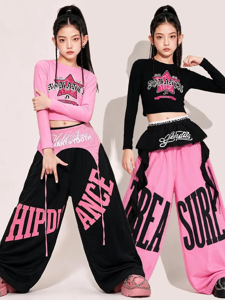 Girls Jazz Hip Hop Dance Clothes Sets Black Crop Tops Baggy Pants Group Cheerleading Performance Costume Stage Wear Outfits