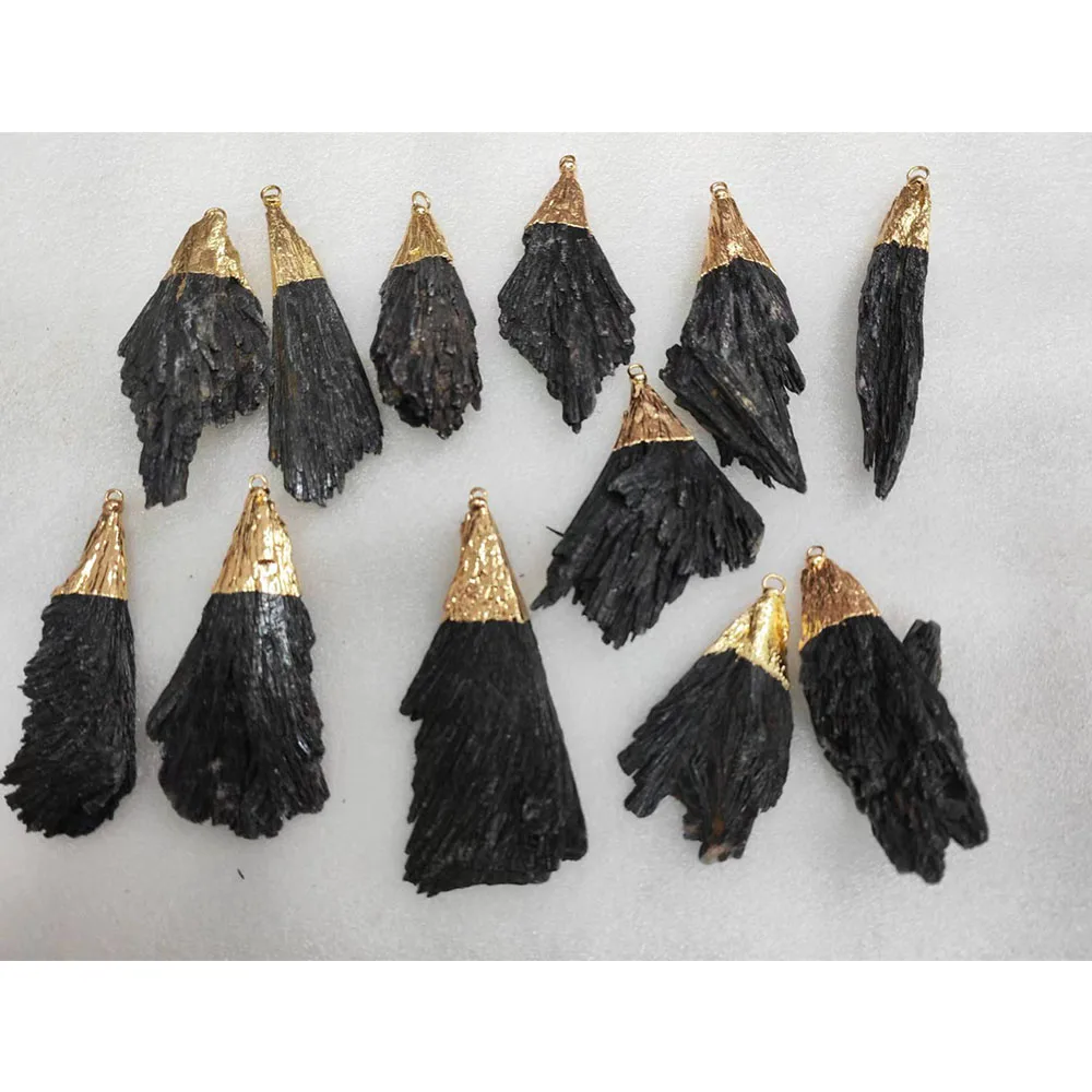 Natural Black Tourmaline Feather Shape Raw Stone Pendant with Gold Cap Wrapped Irregular Mineral Specimen