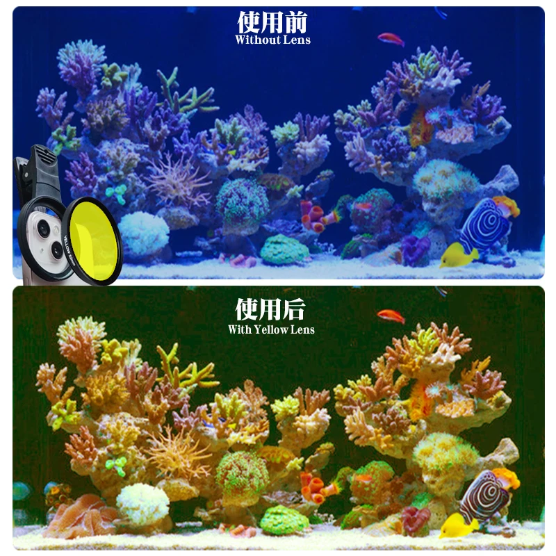 Aquarium Lens Fish Tank Phone Lens Yellow Filter For Reduce blue light Coral Reef Aquarium Photography For iphone11/12/13/14pro