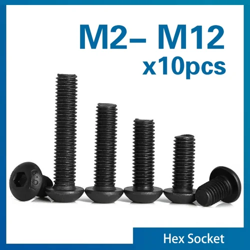 10 unids/lote tornillo hexagonal M2 M2.5 M3 M4 M5 M6 M8 M10 cabeza de botón negro tornillo con cabeza hexagonal tornillos de cabeza redonda
