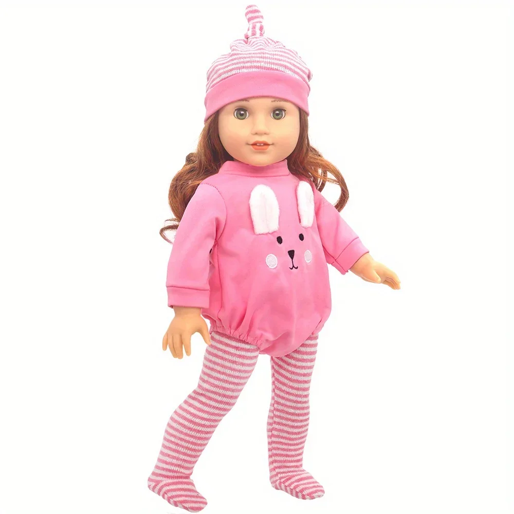 Girl doll clothes suitable for 18-inch American dolls(product does not include doll and shoes)Pink embroidered rabbit romper set