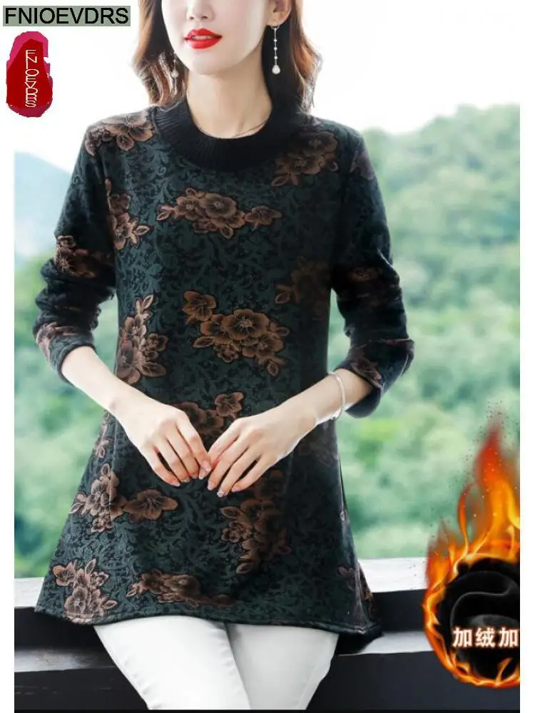 Winter Spring Women Elegant Office Lady Retro Vintage Warm Velvet Tops Flower Floral Print Long Tunic Basic Shirts Blouses