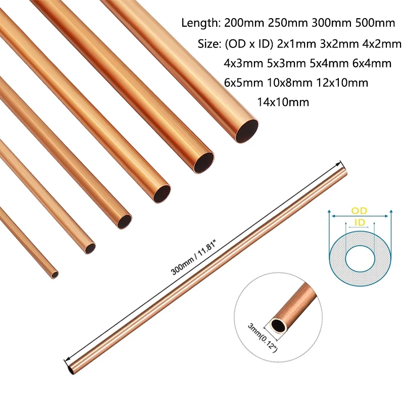 1pcs T2 Purple Copper Straight Pipe Outer Diameter 2-18mm  Hollow Hard Copper Tube Wall Length 200/250/300/500mm Copper tube