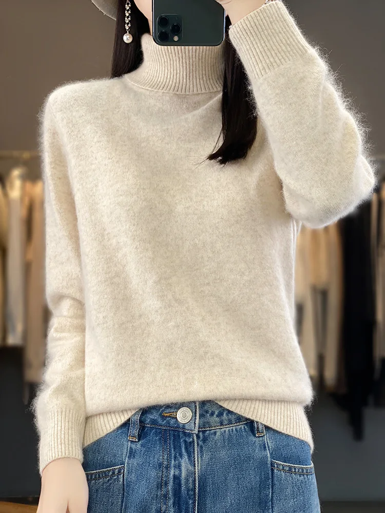 100% Mink Cashmere Women Sweater Basic Bottoming Female Pullover Long Sleeve New Knitwear Tops Turn Down Collar Autumn Winter