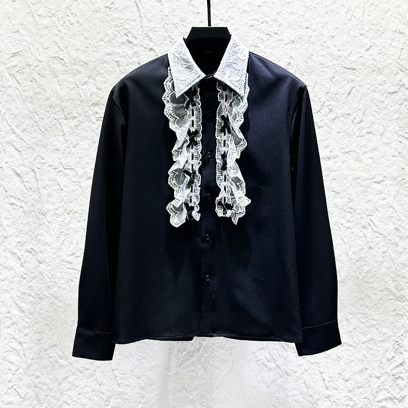 Luxury Fashion Design Shirt for Men Dinner Party Lace Patchwork Bow Long Sleeved Shirts Men Banquet Stage Performance Costume