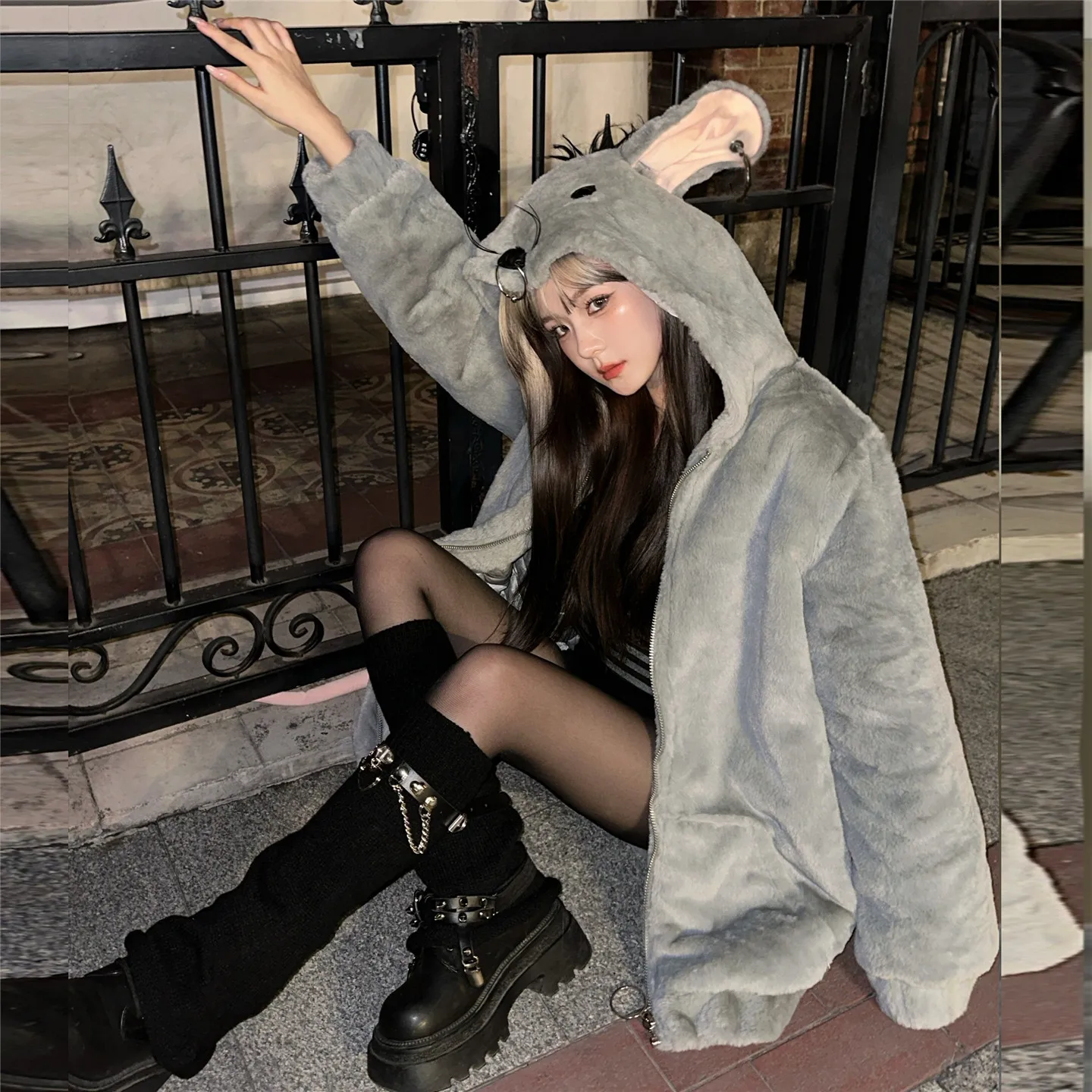 Halloween Weihnachten Cos Plüsch Jacke Winter Neue Subkultur Y2K Zip Mit Kapuze Faux Pelz Jacke Hot Girl Punk Stil Pelz Mäntel Frauen