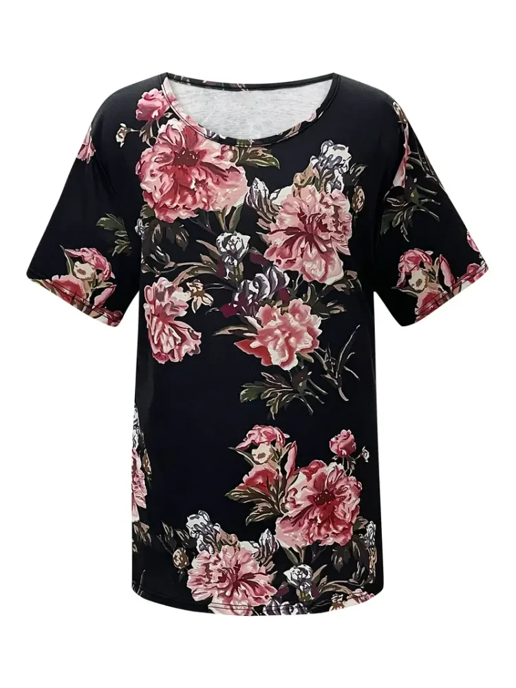 Plus Size Floral Print T-Shirt  Casual Crew Neck Short Sleeve T-Shirt Women\'s Plus Size Clothing