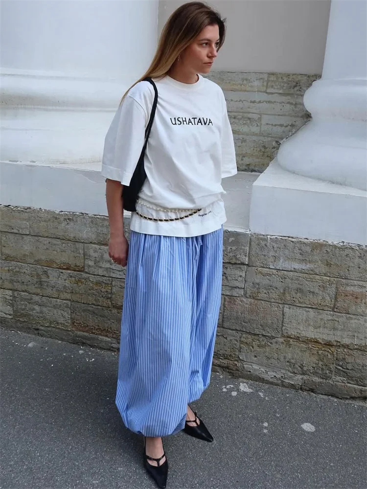 Women's Striped Lace-Up High-Waist Loose Casual Pants