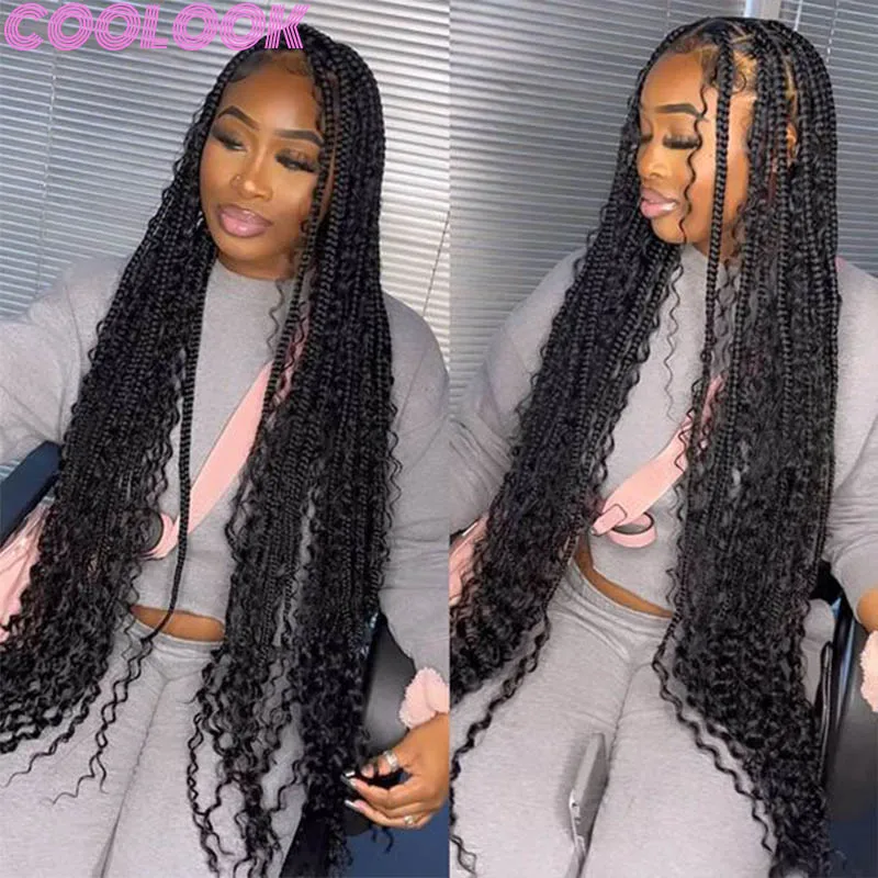 Black Synthetic Box Braided Full Lace Wigs 32inch Goddess Square Part Braid Lace Frontal Wig Bohemian Braids Wig with Curly Ends