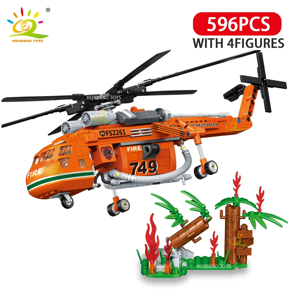 HUIQIBAO Fire Station Model Building Blocks Truck Helicopter Car Firefighter Bricks City Educational Toys For Children Gift