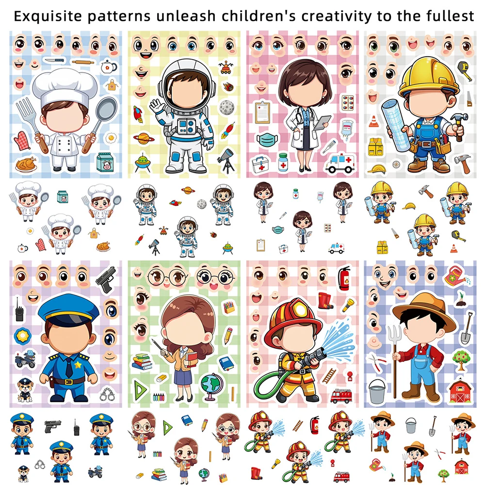 

8/16sheets Career Drees Up Puzzle Stickers Funny Make a Face Game Decals Creative Assemble Jigsaw DIY Cartoon Sticker Party Gift