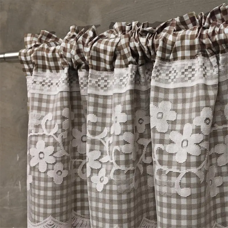 Light Filtering Short Curtain Panel with Rod Pocket and Gingham Trim for Kitchen, Bath and Cabinet Home Display 55KF