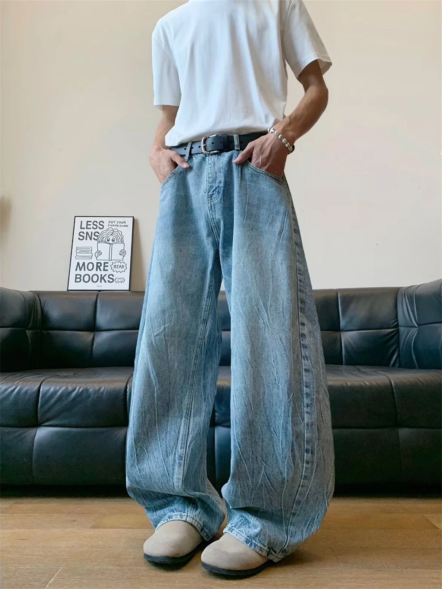 

American Style Rhinestone Lightning Washed Knife Men's Streetwear Vintage Loose Wide Leg Jeans Casual Long Trousers