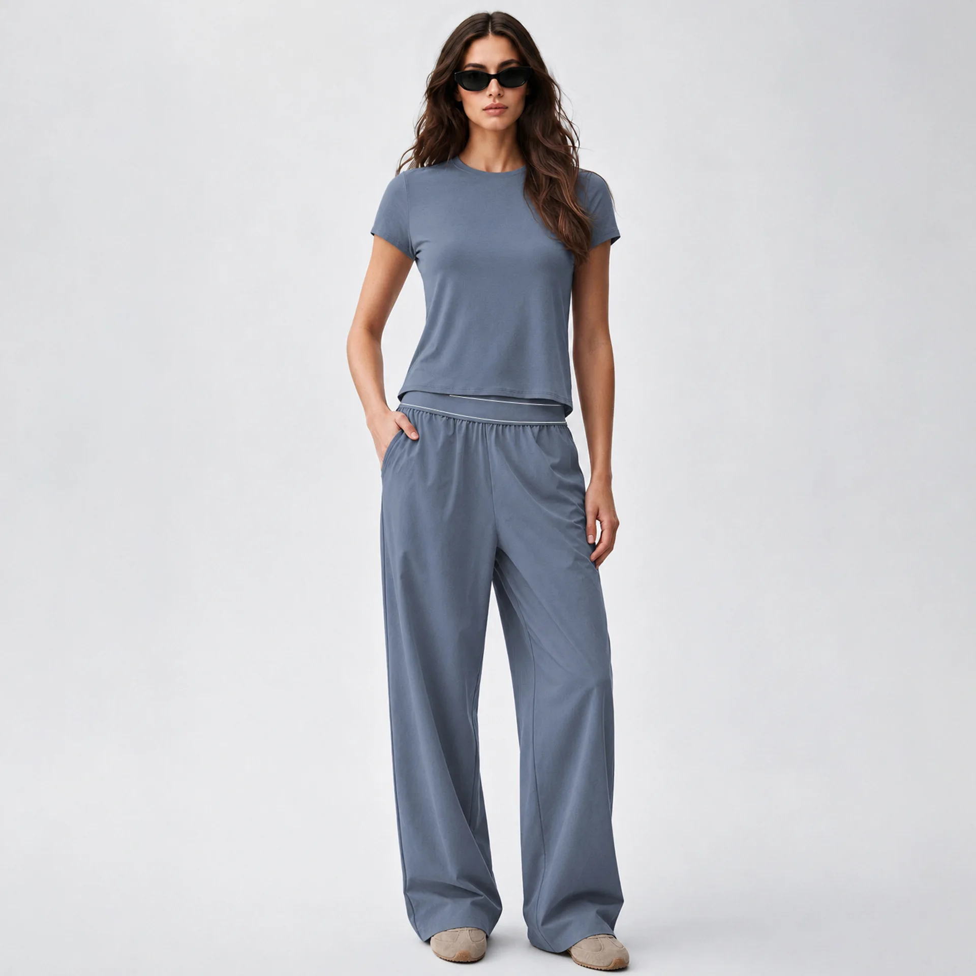 Pers LOGO custom women's nude quick-drying fitness straight-leg sweatpants short yoga short-sleeved trousers two-piece set