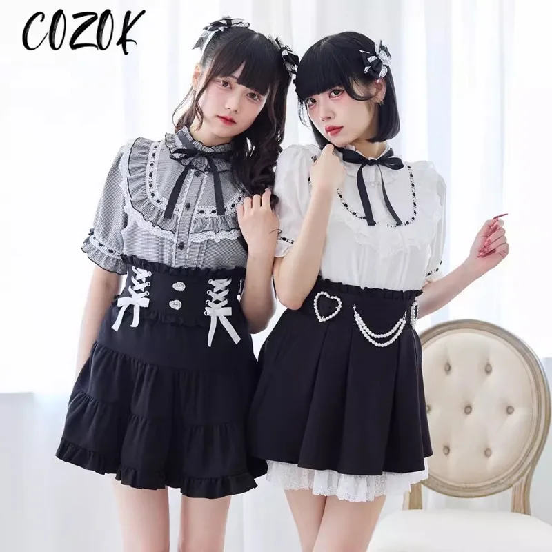 Nuova camicia giapponese Versatile retrò monopetto Fungo Bordo in pizzo Skinny Dolce Industria pesante Lolita Camicetta Top carino per le donne