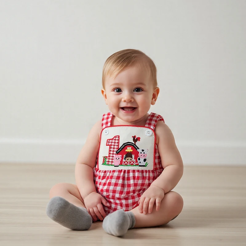 بذلة للأولاد الرضع رائعة بدون أكمام مع تطريز حيوان لطيف وزر إغلاق أمامي لملابس الصيف