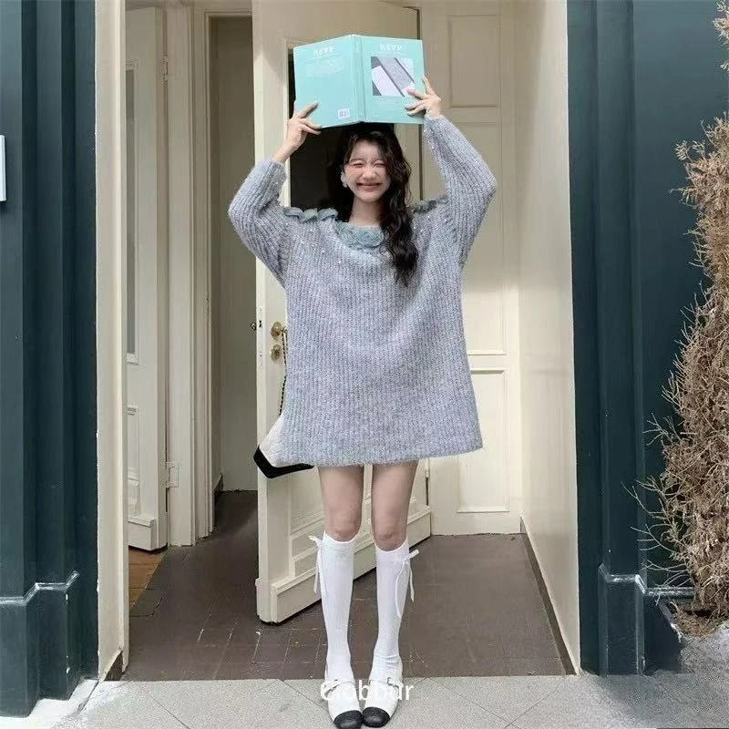 Entspannter Stil, gestrickt, Rose mit Ausschnitten, langärmelig, Übergröße, Damenkleid 2026, Winter, neues modisches Kleid für übergewichtige Mädchen