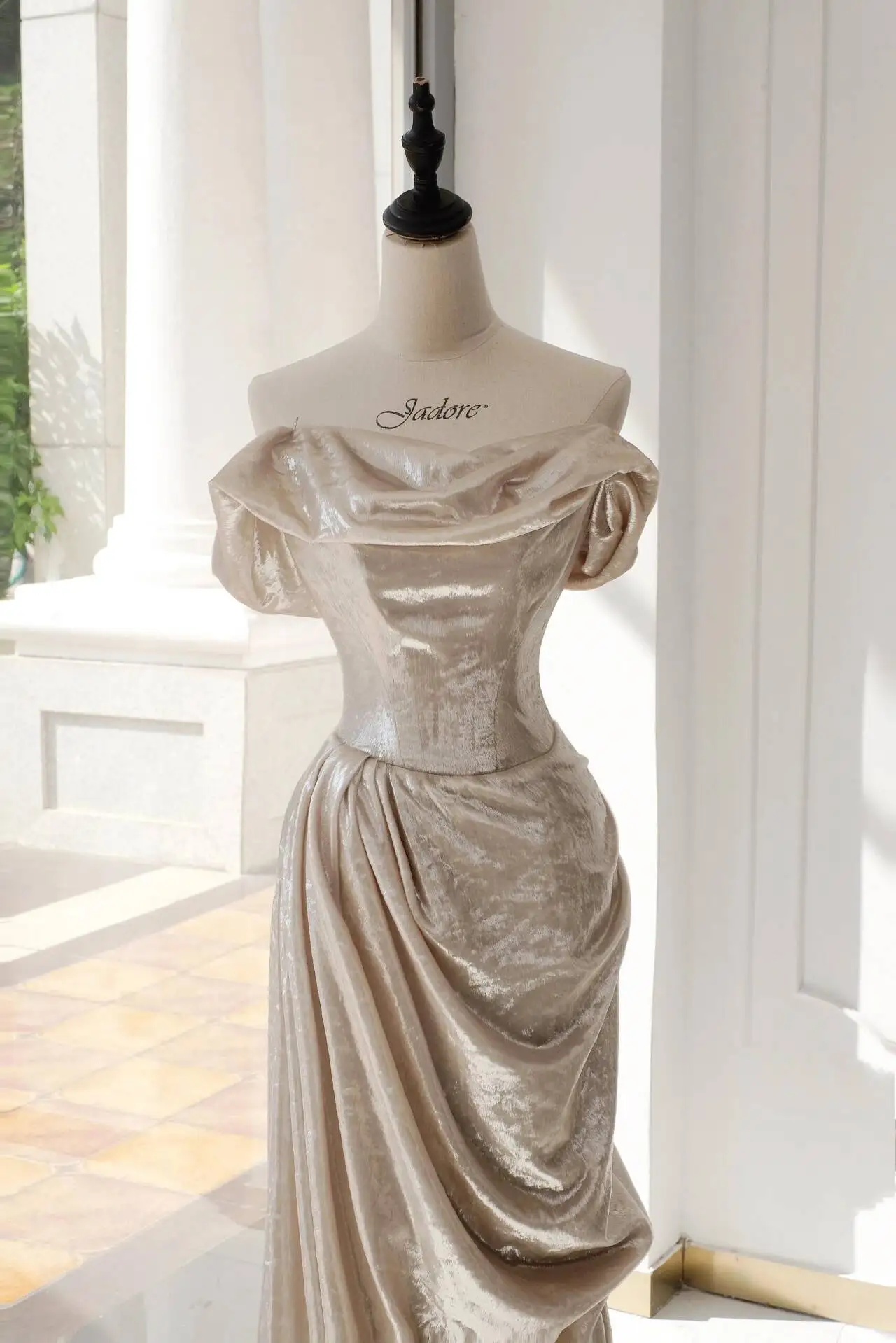 Glamorous beige satin ball gown, slim fit, backless, strapless, mermaid, sleeveless, pleated, trailing, formal occasion evening