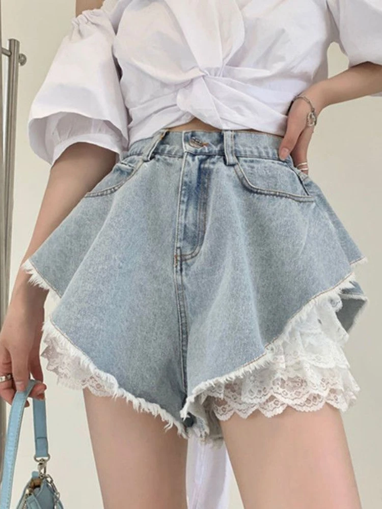 ADAgirl Blue Lace Denim Shorts Women Y2k Fashion Loose High Waist Korean Style Causal A-line Jeans Streetwear Retro Summer Pants