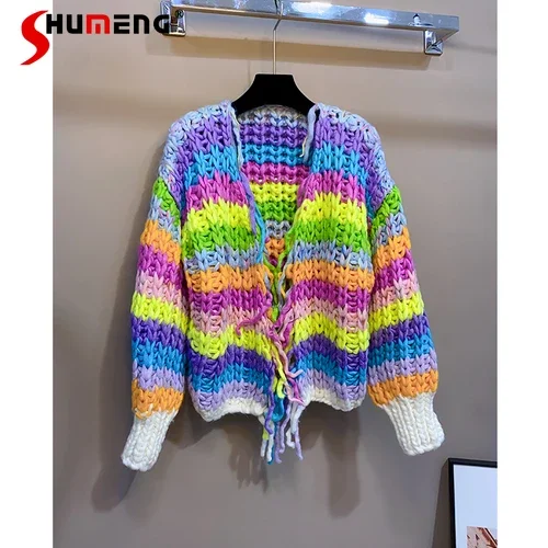 Handmade Knitting Needle Colorful Coarse Yarn Tassel Casual Sweater Coat for Women Thickened V-neck Knitted Cardigan Outerwear