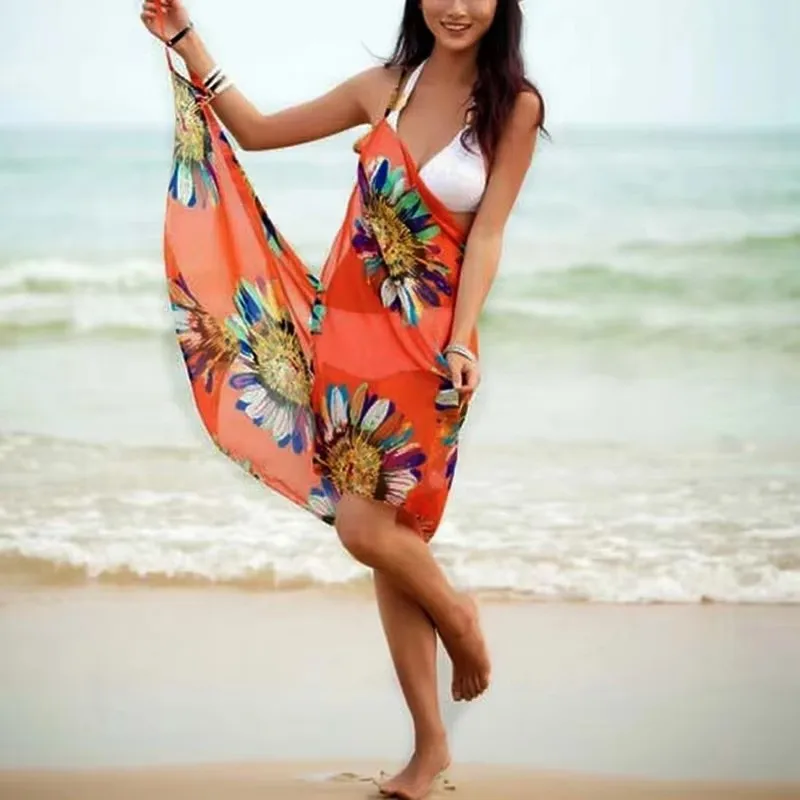 

Printed Cover-ups Sexy Beach Dress Women Halter Sling Chiffon Beach Towel Bikini Wrap Pareo Skirts Open-Back Swimwear