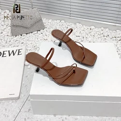 New Clip-toe Sandals Narrow Band Ladies Squared Toe Kitten Heel Black White Brown Real Leather Fashion Simple Style Slipper