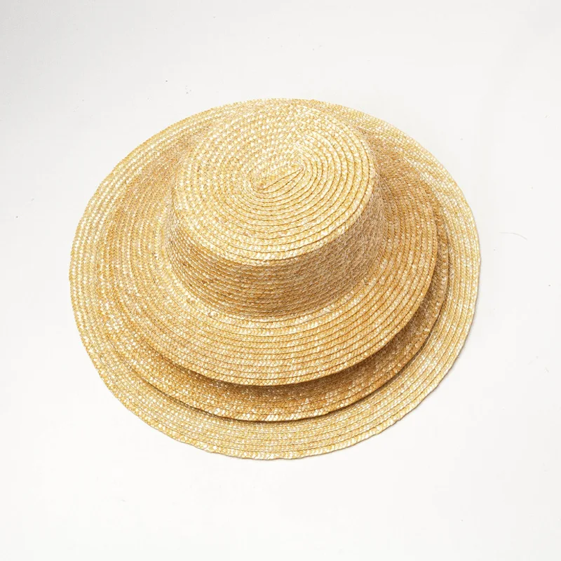 Natural Fine Wheat Straw Flat Top Boater Hat Unisex Summer Uv Protection Sun Hat Wide Brim For Beach Vacation Travel Three Brim