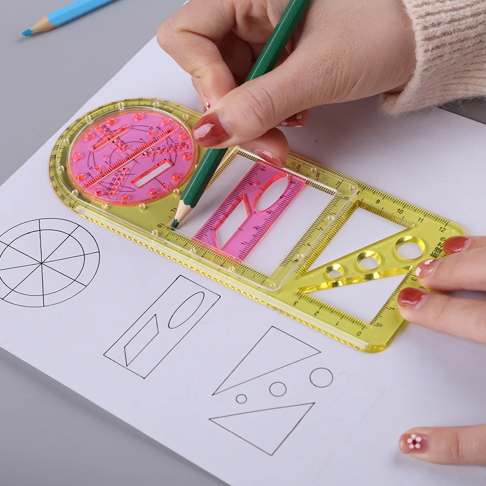Regla geométrica multifuncional, plantilla de dibujo geométrico, herramienta de medición de regla de escala de dibujo de elipse de geometría estéreo de plástico