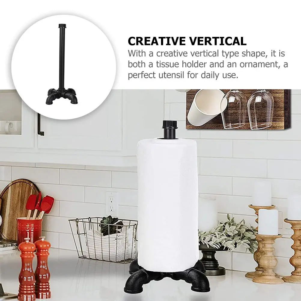 

Retro Pipe Desktop Tissue Holder Black Wear Resistant Kitchen Countertop Vertical Roll Paper Stand Decorative Rack