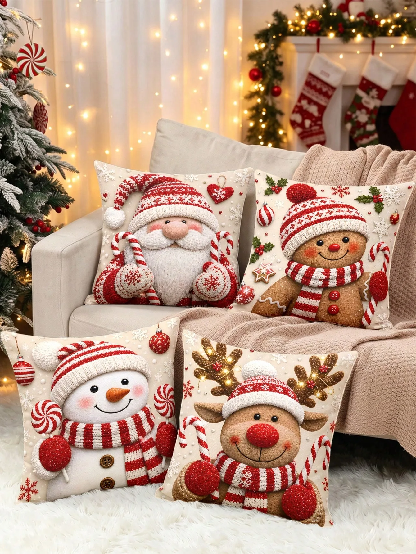 Christmas Pillow Cover Santa Gnome 2D Printed Cream Red White Candy Cane Heart Snowflake Sofa Couch Living Room Home Decor Gift